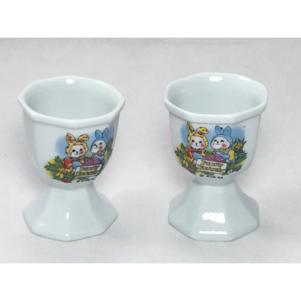 Vintage 1992 Funny Bunnies Ceramic Egg Cups Set of 2 Easter Bunny KIN 92 White